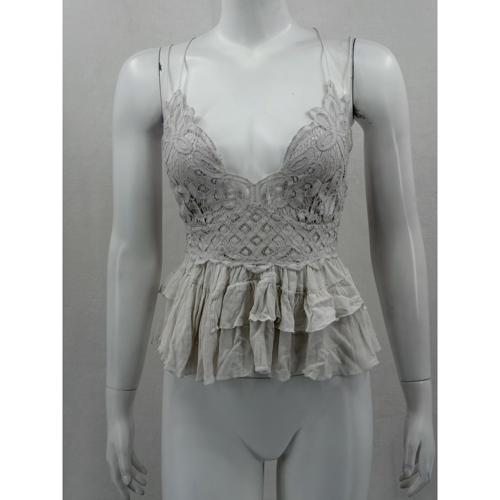 Free People Top Womens Medium Ivory Adella Cami Lace Ruffle Boho Festival Beach